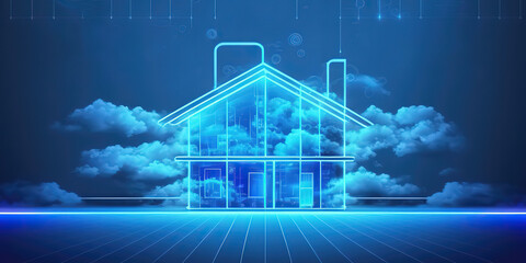 Leinwandbilder - Smart home technology conceptual banner. Futuristic neon house, house diagram. 3d illustration