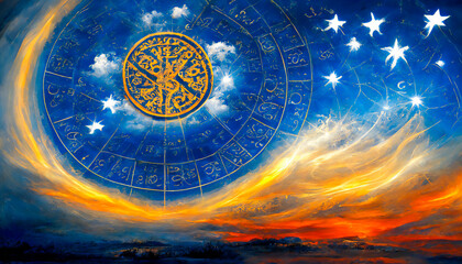 Wall Mural - Astrological and circular zodiac in the golden clouds of a beautiful landscape. Provokes a feeling of omniscience related to astrology and allows to see the astral future of a person.