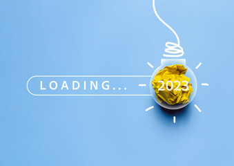Aufkleber - 2023 blue paper with light bulb icon, innovative business vision and resolution planning project, invest, innovation, idea to next year, New year concept..