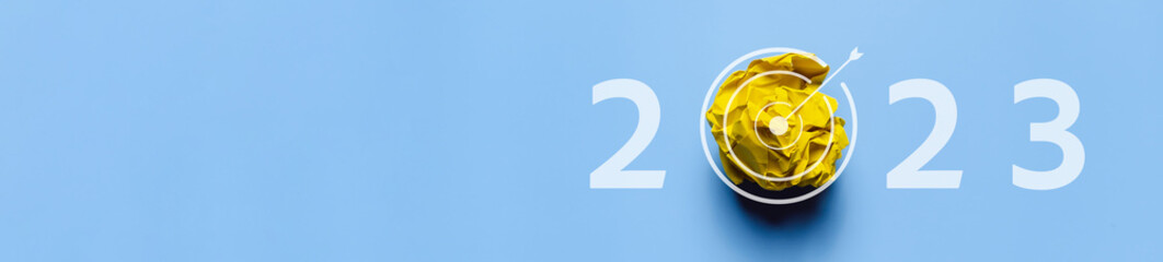 Aufkleber - 2023 blue paper with target dart icon, innovative business vision and resolution planning project, invest, innovation, idea to next year, New year concept..