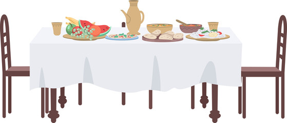 Poster - Dinner party serving semi flat color raster object. Full sized item on white. Interior item. Part of house arrangement simple cartoon style illustration for web graphic design and animation