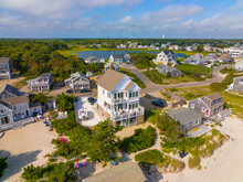 Historic Waterfront House Aerial View At West Dennis Beach In Summer In Town Of Dennis, Massachusetts MA, USA. 