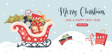 Christmas Banner With Santas Sleigh Christmas Gifts Boxes. Season Sale Or Online Delivery Gifts Concept.