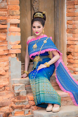 Portrait of asian woman wear ancient thai dress style,Thailand people Thai traditional dress pay respect