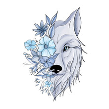 Wolf Husky Illustration With Blue Flowers Cute Design Vector Art 