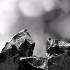 Aufkleber - Black rocky stone podium and fog object placement background, 3d rendering product display abstract scene mockup,