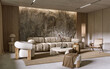 © Василь Чейпеш - Natural Mountain Rock Wall in modern living room interior, 3d render