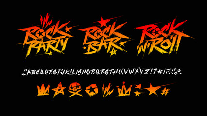 Poster - Rock n roll and Rock Party sign set and grunge style font with Punk elements-  vector template. Set of Rock'n'roll doodle collection for print t-shirt and poster design. Punk Rock music type font

