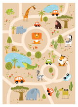Print. Play Mat For Kids With Safari Animals. Vector Tropical Maze With Animals In Safari Park. Cartoon Tropical Animals. African Animals. Road In A Safari Park. Game For Children. Children's Play Mat