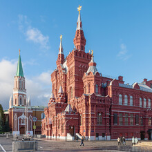 State Historical Museum And Towers Of The Moscow Kremlin In Moscow, Russia. Architecture And Sights Of The Russian Capital