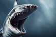 Illustration eines weißen Hai mit weit aufgerissenen Maul in Angriffstellung und Textfreiraum