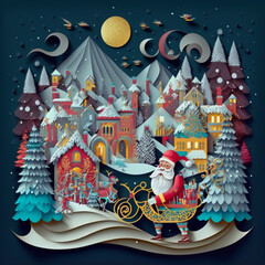 Wall Mural - Santa Claus delivering gifts at Christmas 3d simulation of paper