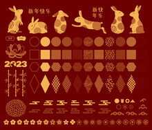 2023 Lunar New Year Collection, Rabbits, Traditional Patterns Abstract Elements, Flowers, Clouds, Chinese Text Happy New Year, Gold On Red. Flat Vector Illustration. Design Concept, Clipart For CNY