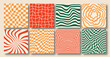 Vector set of Groovy Christmas social media backgrounds. Checkerboard, chessboard, mesh, waves patterns. Twisted and distorted vector texture in trendy retro psychedelic style. Y2k aesthetic.