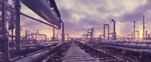 Large Industrial Gas Pipelines In A Modern Refinery At Sunrise 3d Render. AI Generated Art Illustration
