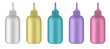 Set of squeeze bottles. Yellow, blue, pink, purple and white bottles. Dispensing cap. Colorful hair dye. E-juice vape liquid