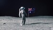 Astronaut in outer space on the surface of the moon. Planting Australia Australian flag.
