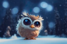 Fantasy Style Cute Owl With Big Blue Eyes