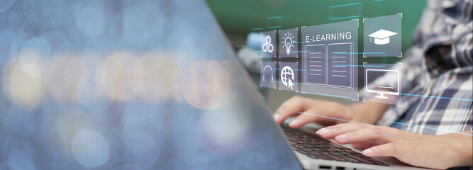 Concept of Online education. man use Online education training and e-learning webinar on internet for personal development and professional qualifications. Digital courses to develop new skills.