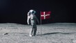 Astronaut in outer space on the surface of the moon. Planting Denmark, danish flag.