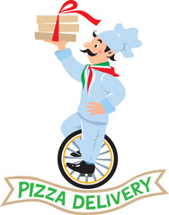 Sticker - Funny pizza chef on unicycle. Pizza delivery