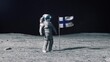 Astronaut in outer space on the surface of the moon. Planting Finland, Finn, Finnish flag.