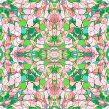 Stained Glass Window Pattern Vector Background Design In Pink Green Colors. Creative Tile Print.