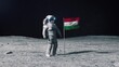 Astronaut in outer space on the surface of the moon. Planting Hungary, Hungarian flag.
