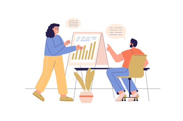 Poster - Business meeting web concept with people scene. Woman and man discussing company financial data at presentation board and planning strategy. Character situation in flat design. Illustration.