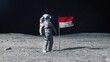 Astronaut in outer space on the surface of the moon. Planting Indonesia Indonesian flag.
