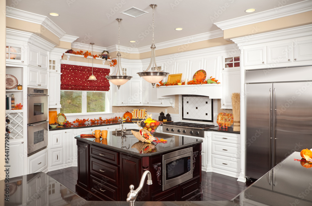 Beautiful Custom Kitchen Interior Decorated for The Fall Season. Stock ...