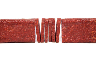 Wall Mural - Premium smoked, dry and maturing salami sausage stick with pork and wild boar isolated on white background