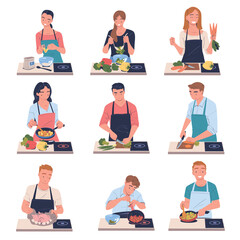 Poster - People Characters Cooking at Home Wearing Apron Standing at Table Vector Set