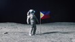 Astronaut in outer space on the surface of the moon. Planting Philippines Filipino flag.