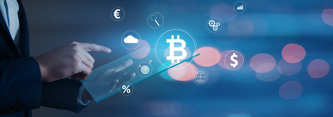 Wall Mural - Bitcoin and icons on a virtual screen.