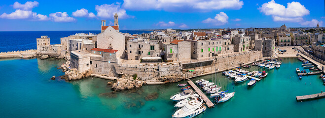 Wall Mural - Traditional Italy. Puglia region with white villages and colorful fishing boats. aerial view of coastal Giovinazzo town, Bari province