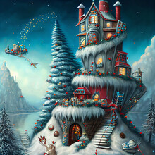  Christmas , Winter Whimsical Surreal Fantasy Art, Cute House, Background, Digital Art, Illustration