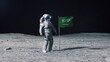 Astronaut in outer space on the surface of the moon. Planting Saudi Arabia Middle East flag.