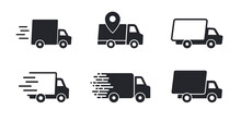 Delivery Truck Icons Set. Fast Delivery Truck. Delivery Service Icons. Express Shipping. Cargo Van Moving Fast. Logistics Trucking. Vector Illustration.