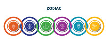 Editable Thin Line Icons With Infographic Template. Infographic For Zodiac Concept. Included Divinity, Hope, Greatness, Inequality, Wisdom, Lifes Challenges Icons.