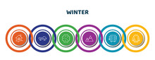 Editable Thin Line Icons With Infographic Template. Infographic For Winter Concept. Included Chalet, Bobsled, Snow Ball, Snowy Mountain, Electric Heater, Turtleneck Sweater Icons.
