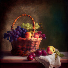 Renaissance Still Life Painting Of A Wicker Basket Of Fruits, A Tablecloth In Rough Fabric, Rough Canvas Texture