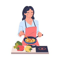 Canvas Print - Woman Character Cooking at Home Standing at Table with Frying Pan and Vegetables Vector Illustration