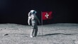 Astronaut in outer space on the surface of the moon. Planting Switzerland, Swiss flag.