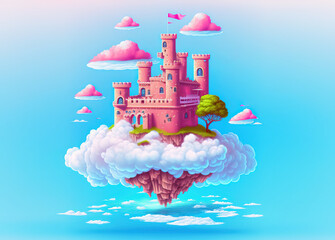 Wall Mural - Pink castle on a floating island in the blue sky with fluffy pink clouds 3d illustration