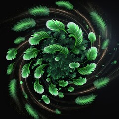 Sticker - Wind funnel with green leaves and sparkles on a dark background 3d illustration