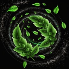 Poster - Strong wind whirlpool with green leaves on a dark background 3d illustration
