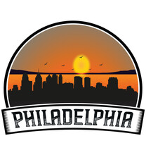 Philadelphia Pennsylvania USA Skyline Sunset Travel Souvenir Sticker Logo Badge Stamp Emblem Coat Of Arms Vector Illustration EPS