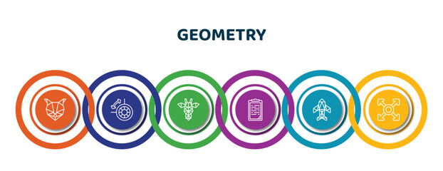 Poster - editable thin line icons with infographic template. infographic for geometry concept. included polygonal cat, dimensions, polygonal giraffe, paste clipboard, polygonal jet aircraft, extend icons.