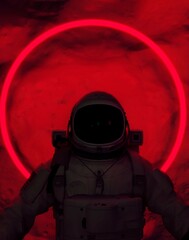 Wall Mural - raster illustration of astronaut in a helmet. cyberpunk style of the future of robotic people. neon 